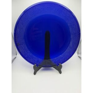 Signed Cobalt Blue Art Glass Charger Plate Dragon Etched 13"